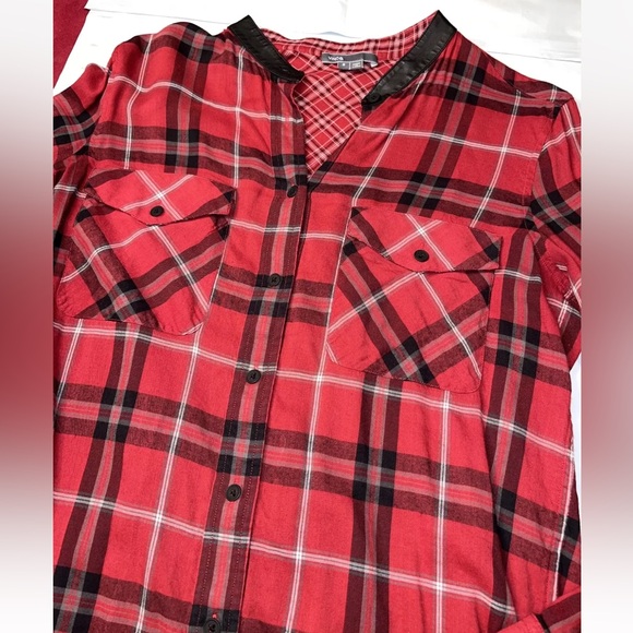 VINCE RED BLACK Plaid long tunic Shirt Leather Band Collar Button Up, Pockets, M - Picture 2 of 10